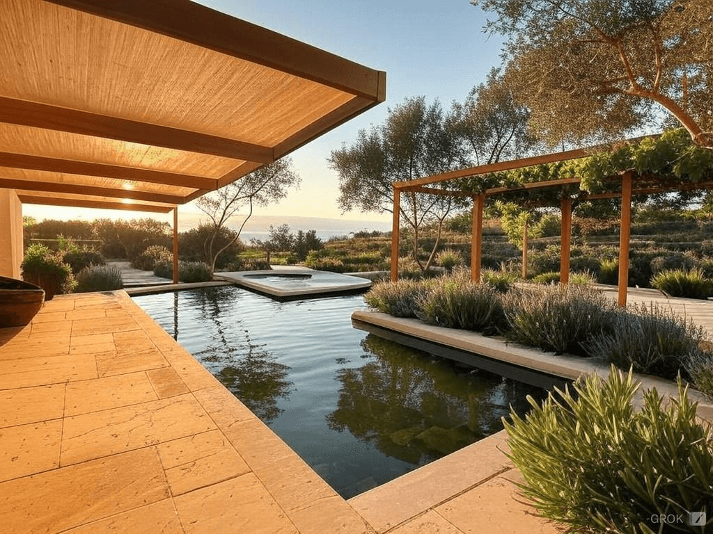 Modern pool with wooden pergola and Mediterranean garden